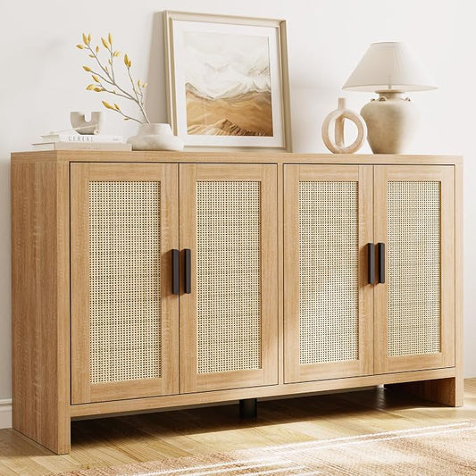 Rattan Buffet Cabinet with Storage, Sideboard Cabinet with Doors and Adjustable Shelves, Farmhouse Coffee Bar Station Table, Modern Wood Cupboard for Kitchen, Livingroom and Dining Room