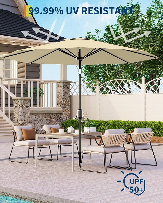 GarveeLife Patio Umbrella with Lights, 8 Ribs Outdoor Market Table Umbrella for Pool, Deck, Backyard (Beige, 9 ft)
