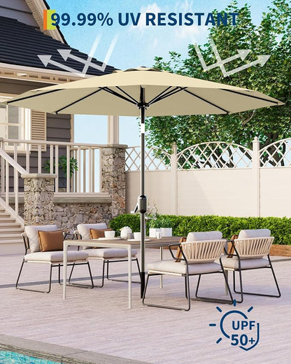 GarveeLife Patio Umbrella with Lights, 8 Ribs Outdoor Market Table Umbrella for Pool, Deck, Backyard (Beige, 9 ft)
