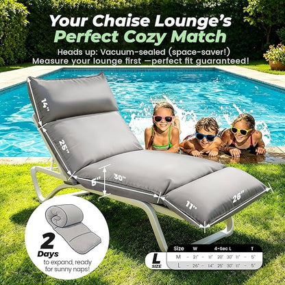 Outdoor Chaise Lounge Chair Cushion, Waterproof Non-Slip Patio Chaise Lounge Cushions for Outdoor Furniture, 80 x 26 x 5 Inches, Grey