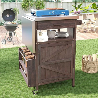YOPTO 40.5" Outdoor Grill Cart,100% Fir Wood,Stainless Steel Top,Drop Leaf,Lockable Wheels,Towel Rack,Drawer,Rolling Kitchen Cart for Lawn & Garden,Brown