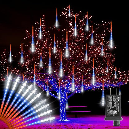 LAMPHOME 12in Red White Blue Patriotic Icicle Lights, 4th of July Outdoor Lights Meteor Shower Snow Falling Lights 10 Tubes 240 LED Waterproof Plug in, Fourth of July Outdoor Decor for Yard Tree House