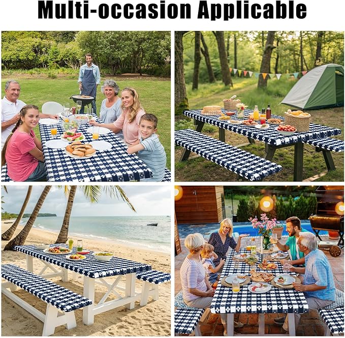 Smiry Picnic Table Cover with Bench Covers, Waterproof Elastic Fitted Tablecloth for 5 Foot Tables, Washable Polyester Tablecloths for Camping & Indoor (Dark Blue & White, 30x96 Inch 3-pc Set)