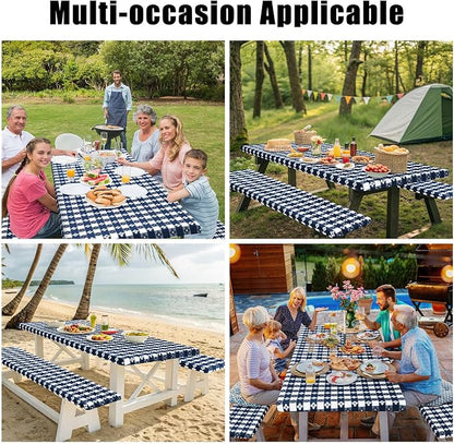 Smiry Picnic Table Cover with Bench Covers, Waterproof Elastic Fitted Tablecloth for 5 Foot Tables, Washable Polyester Tablecloths for Camping & Indoor (Dark Blue & White, 30x96 Inch 3-pc Set)