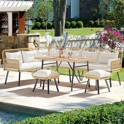 YITAHOME Patio Wicker L-Shaped Furniture Set, All-Weather Rattan Outdoor Conversation Sofa Set for Backyard Deck with Soft Cushions,Ottomans and Plastic Wood Dining Table (Light Brown+Beige)