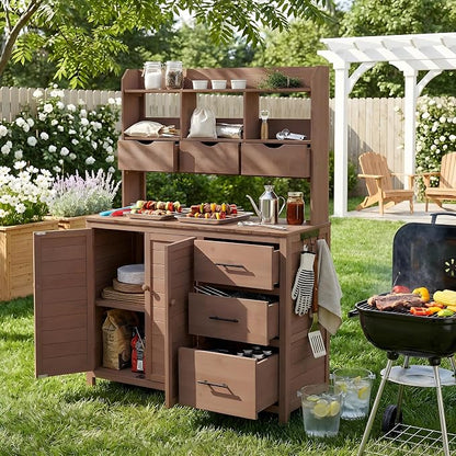 Merax Farmhouse Potting Bench with 6 Drawers, 44.6” Large Garden Workstation, Outdoor Kitchen Island with Bottom Cabinet & Hooks, Freestanding Patio Furniture,Brown