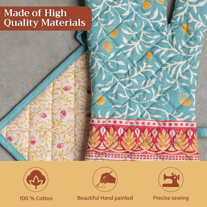 Maison d' Hermine 100% Cotton Oven Mitt & Pot Holder Set (7.5"x13" & 8"x8") | Heat Resistant BBQ Cooking Gloves with Loop Baking Grilling Kitchen Hotel Home Farmhouse Thanksgiving Christmas - Carpo