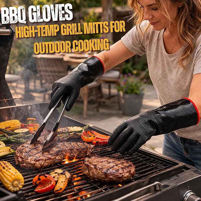 GRILL HEAT AID 932°F Heat Resistant BBQ Grill Gloves - Oil Resistant Waterproof Cooking Gloves for Deep Frying Turkey, Smoker Gloves Heat Proof for Grilling, Handling Hot Meat Rotisserie, 14" Neoprene