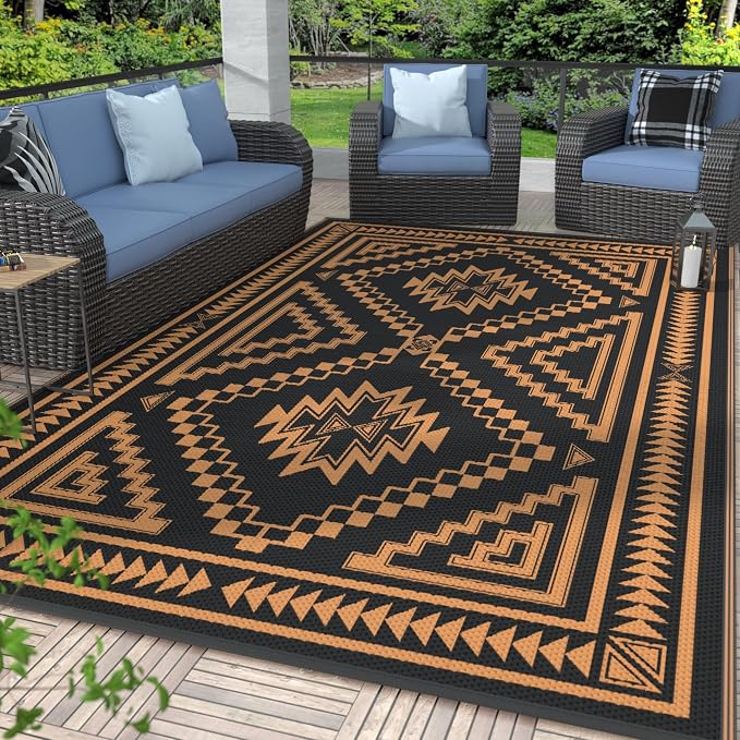 GENIMO Outdoor Rug, Waterproof Plastic Rugs for Patio, 6'x9' Onyx Orange | Outside Larger Modern Carpet Mat for Porch Decor, Deck, Balcony, Camping, RV, Backyard, Picnic, Beach, Reversible, Foldable