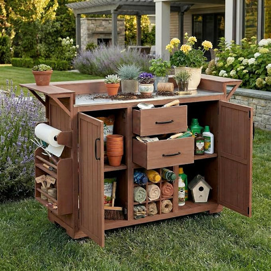 60.2''W Outdoor Kitchen Island with Wheels, Solid Fir Wood Kitchen Cart Grill Cart with Stainless Steel Top, Spice Rack, Wine Rack, 2 Bottom Cabinets with Adjustable Shelves, 2 Drawers (Brown-117)