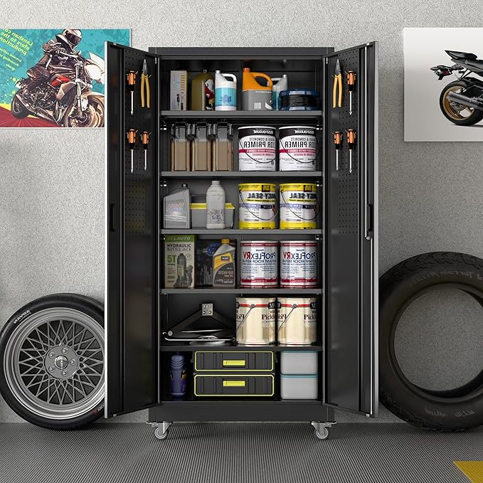 Aobabo Upgrade 71H''*32''W*16''D Metal Garage Storage Cabinet with Wheels and Pegboards, 5 Adjustable Shelves Steel Storage Cabinets for Garage,Warehouse, Black, Assembly Required