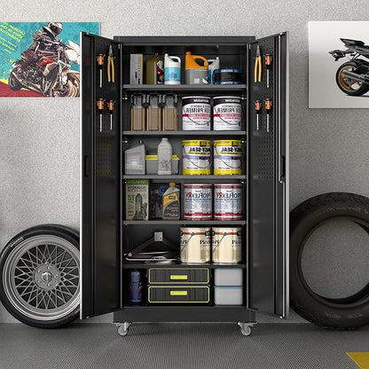 Garage Storage Cabinet with Wheels & Pegboard Doors, Lockable Metal Storage Cabinet with 5 Adjustable Shelves for Garage, Home, Black, Assembly Required, 71" H x 34" W x 18" D