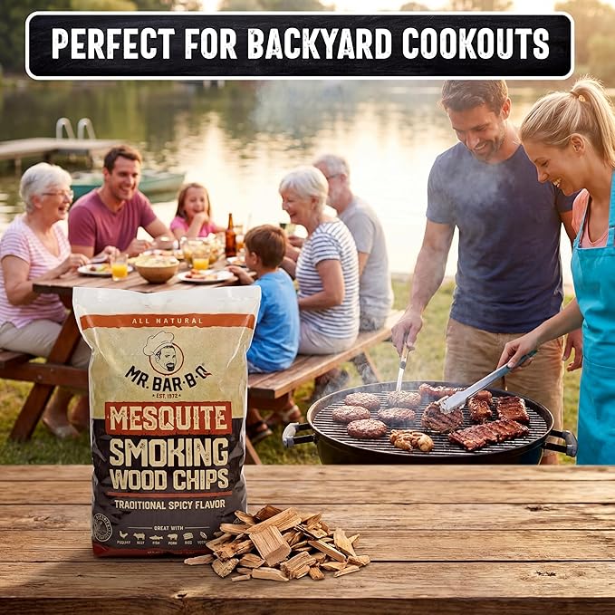 Mr. Bar-B-Q Mesquite Wood Smoker Chips, 100% All Natural Mesquite Wood Smoking Chips for Smokers, Works on Any Heat Source, Traditional Spicy Flavor for Backyard BBQ, Grilling & Camping (1.8 Lb Bag)