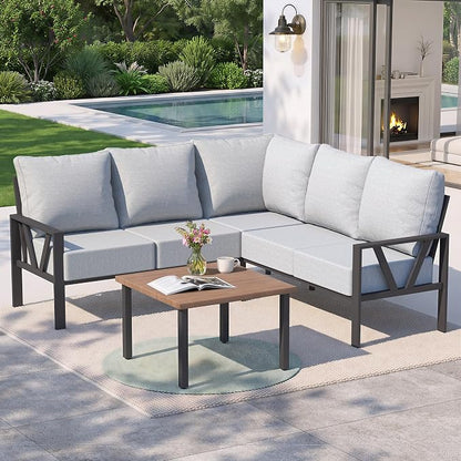 Outdoor Furniture Set, 6 Pieces Outdoor Couch Sectional, L Shaped Metal Patio Corner Sofa with 6” Thick Cushions, Patio Seating Conversation Set, Light Grey