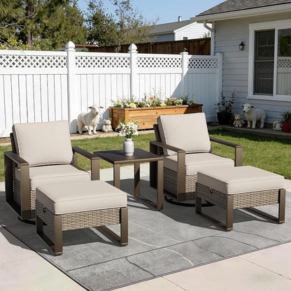 Outdoor Patio Swivel Rocker Chairs, 5 Pieces Wicker Furniture Set, 2 Swivel Rocking Chairs, 2 Ottoman and 1 Table, Metal Wide Armrest, Thick Cushions and Deep Seating for Garden, Backyard, Porch, Deck