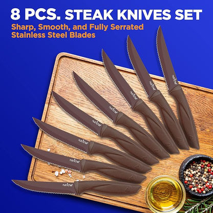 NutriChef 8 Piece Kitchen Knife Set - Multi-purpose Unbreakable Ergonomic Non-stick Stainless Steel Kitchen Steak Knives Set with Fully Serrated Blades - Great for BBQ Grill - NCSK8BW,Brown