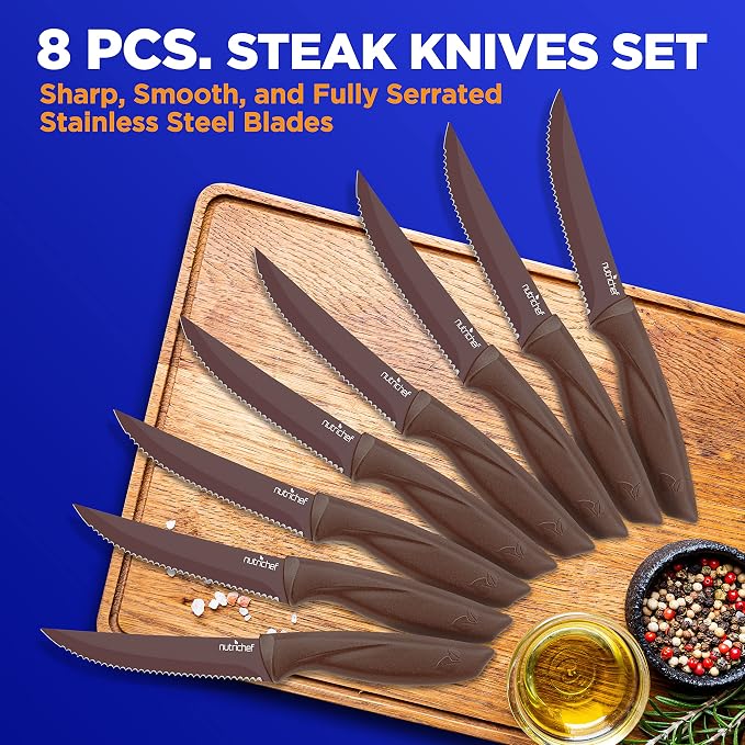 SereneLife Stainless Steel Knife Set, 8 Pcs. - Non-Stick Coating, Sharp Serrated Blades, Professional Kitchen Set, Rust-Resistant, Dishwasher Safe, Ideal for BBQ & Grilling, Yellow