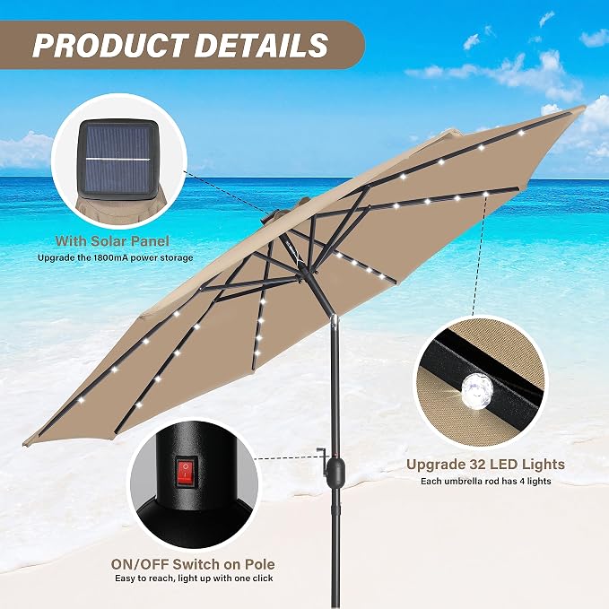 YSSOA 9' Solar Umbrella 32 LED Lighted Patio Umbrella Table Market Umbrellas with Push Button Tilt/Crank Outdoor for Garden, Deck, Backyard and Pool, Tan