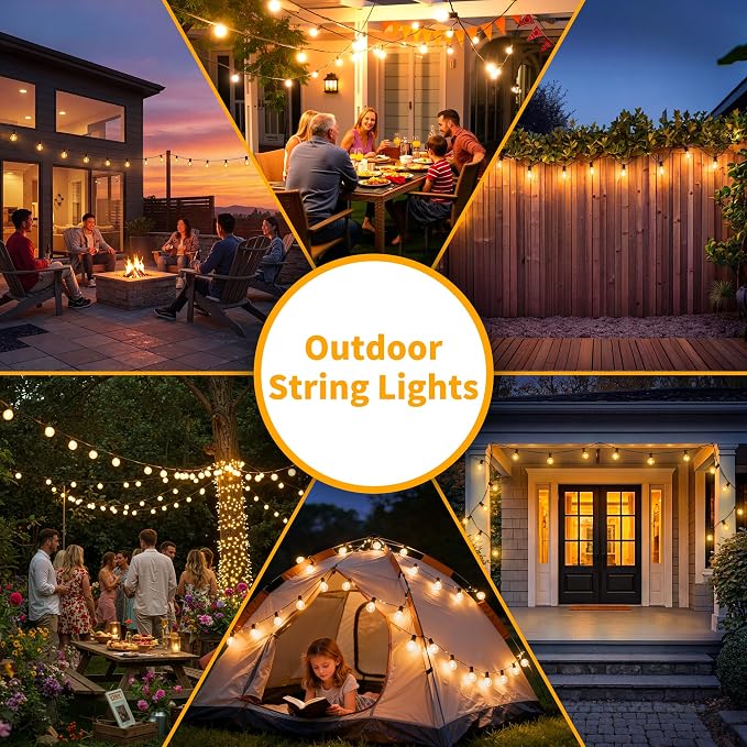 Ollny Outdoor String Lights with Remote, 50FT Plug in Patio Lights with Timer & 15 Shatterproof G40 Edison Bulbs, Waterproof Dimmable Outdoor Hanging Light for Porch, Backyard, Garden, 24V 2700K