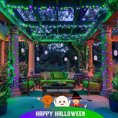 JMEXSUSS 2 Pack Solar Halloween Lights, Tot. 400LED 151FT, Purple and Green | Outdoor Waterproof, 8 Modes Solar String Lights for Outside Patio Yard Garden Tree Decorations