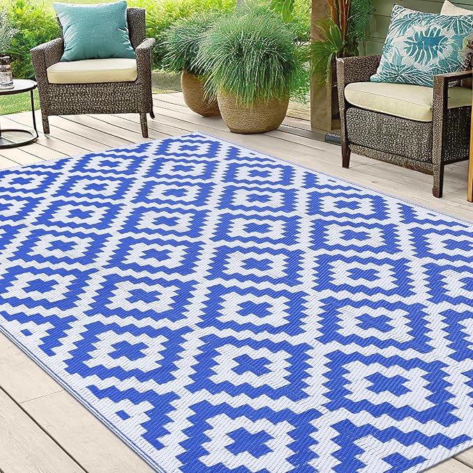 Smiry Outdoor Rug 5x8 ft Waterproof Reversible Boho Mat, White & Blue | Polypropylene Plastic Straw, Quick Drying, Lightweight Foldable, for Patio, Deck, RV Camping, Backyard and Indoor Outdoor Use