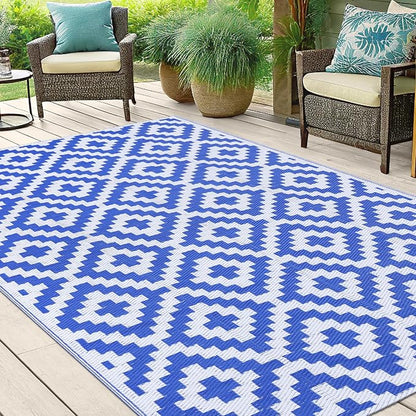 Smiry Outdoor Rug 5x8 ft Waterproof Reversible Boho Mat, White & Blue | Polypropylene Plastic Straw, Quick Drying, Lightweight Foldable, for Patio, Deck, RV Camping, Backyard and Indoor Outdoor Use