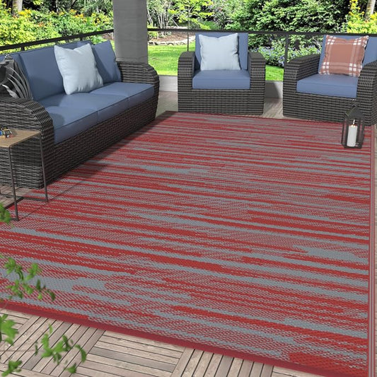 GENIMO Outdoor Rug, Waterproof Plastic Rugs for Patio, 6'x9' Crimson Grey | Outside Larger Modern Carpet Mat for Porch Decor, Deck, Balcony, Camping, RV, Backyard, Picnic, Beach, Reversible, Foldable