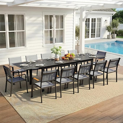 Wisteria Lane 9 Piece Aluminum Outdoor Dining Sets with 3-Adjustable Length Dining Table, 121" L×39.4" W Expandable Patio Table and Chairs Set for 8, Stackable Chairs with Quick Drying Fabric, Grey
