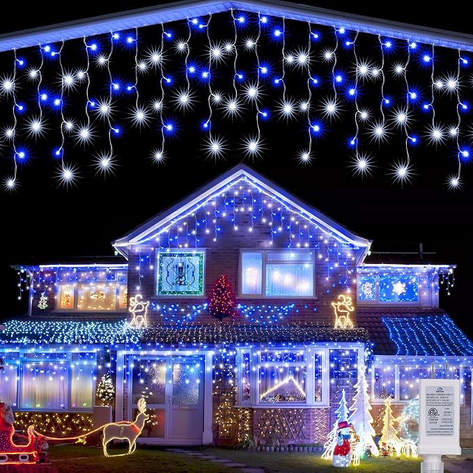Joomer 66FT Christmas Icicle Lights Outdoor Non-Connectable White & Blue | 100 Drops 8 Modes Timer Waterproof Plug-in String Light for Christmas Party, holiday Eaves Roof Xmas Decorations