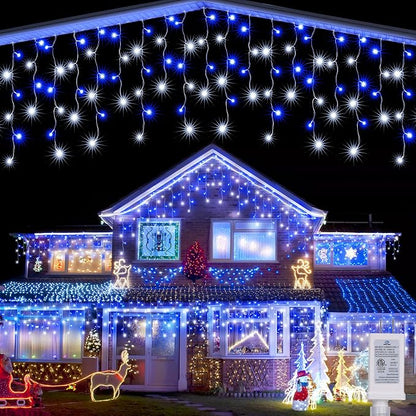 Joomer 66FT Christmas Icicle Lights Outdoor Non-Connectable White & Blue | 100 Drops 8 Modes Timer Waterproof Plug-in String Light for Christmas Party, holiday Eaves Roof Xmas Decorations