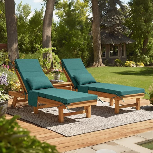 Crestlive Products Foldable Outdoor Chaise Lounge Cushions with Head Pillow and Side Pockets, Water Resistant & Fade Resistant Lounge Chair Cushion, 72''L x 21''W, Set of 2, Malachite