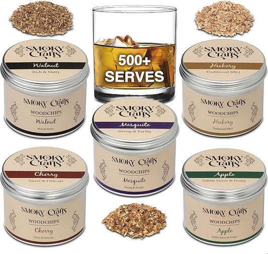 Smoky Crafts 5 x 2oz Wood Chips for Cocktail Smoker (Set of 5: Cherry, Hickory, Apple, Mesquite, Walnut) - 5 Flavors of Smoking Gun Wood Chips - Whiskey Gifts for Men