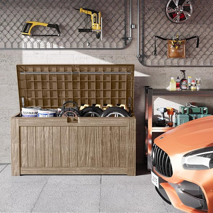Greesum Outdoor Storage Box 120 Gallon Storage Bin with Lid for Patio Furniture, Garden Tools, Pool Supplies, Lockable, Waterproof and UV Resistant, Coffee