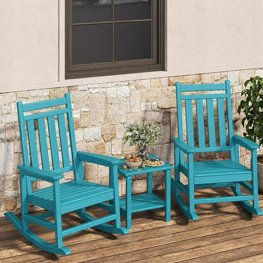 HDPE Rocking Chair Outdoor Set of 2 with Side Table - Poly High Back Porch Rocker Chairs for Adults - All Weather Resistant Furniture for Patio Front Porch - Lake Blue