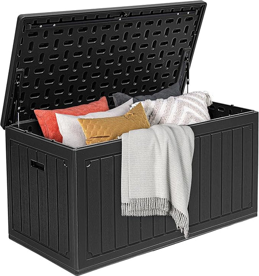 DWVO 90 Gallon Double-Wall Deck Box, Large Resin Outdoor Storage Box, Lockable & Waterproof, Double as Seating, 450lbs Capacity (Black)