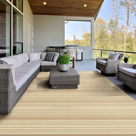 GENIMO Outdoor Rug, Waterproof Plastic Rugs for Patio, 6'x9' Deep Beige | Outside Larger Modern Carpet Mat for Porch Decor, Deck, Balcony, Camping, RV, Backyard, Picnic, Beach, Reversible, Foldable