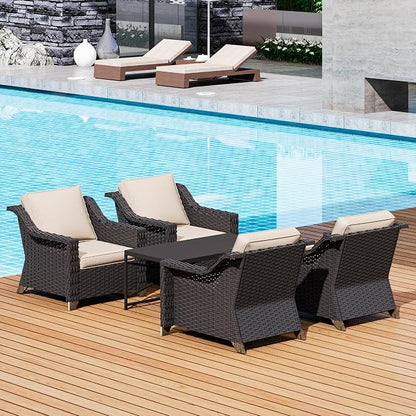 5 Piece Patio Furniture Set, Wicker Outdoor Conversation Set | Patio Chair Set with Olefin Removable Cushion, All-Weather Armchair Set with Deep Seat for Porch, Deck and Backyard, Beige