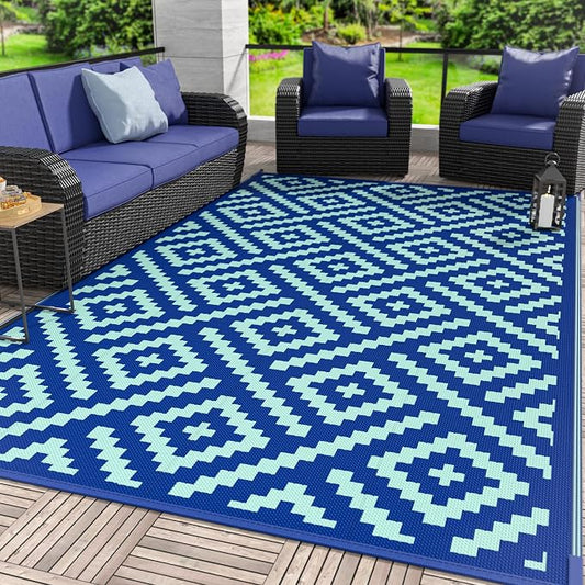 GENIMO Outdoor Rug, Waterproof Plastic Rugs for Patio, 6'x9' Royal Blue | Outside Larger Modern Carpet Mat for Porch Decor, Deck, Balcony, Camping, RV, Backyard, Picnic, Beach, Reversible, Foldable