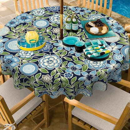 Outdoor/Indoor Round Tablecloth with Umbrella Hole Zipper, Decorative Circular Table Cover for Home Garden, 60 Inch, Azure Bloom