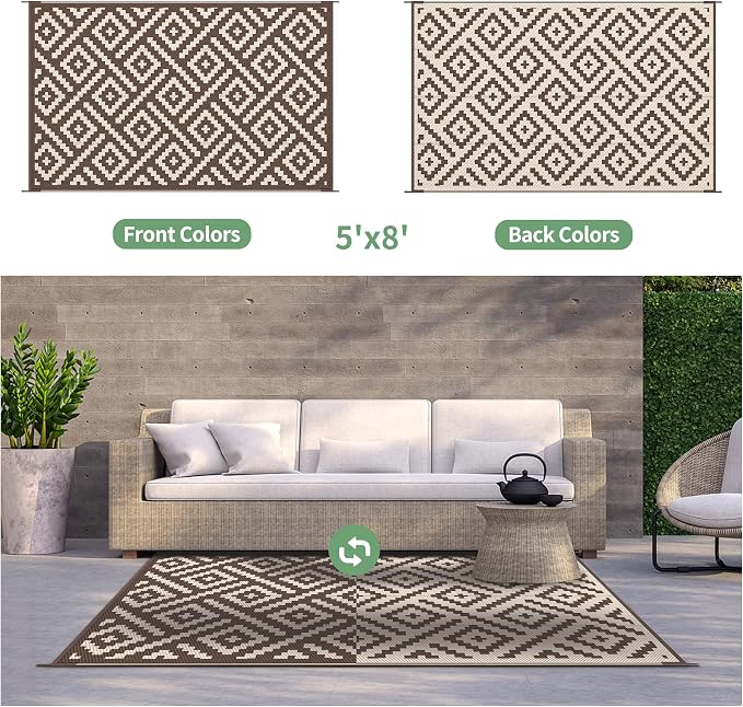 GENIMO Outdoor Rug, Waterproof Plastic Rugs for Patio, 5'x8' Coffee Beige | Outside Larger Modern Carpet Mat for Porch Decor, Deck, Balcony, Camping, RV, Backyard, Picnic, Beach, Reversible, Foldable