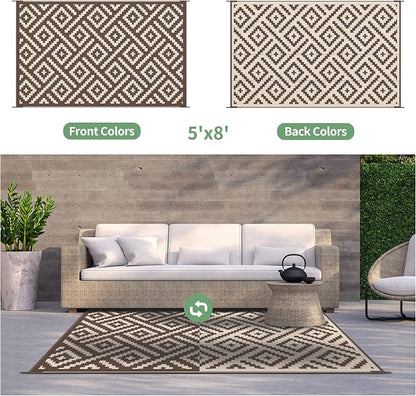 GENIMO Outdoor Rug, Waterproof Plastic Rugs for Patio, 5'x8' Coffee Beige | Outside Larger Modern Carpet Mat for Porch Decor, Deck, Balcony, Camping, RV, Backyard, Picnic, Beach, Reversible, Foldable