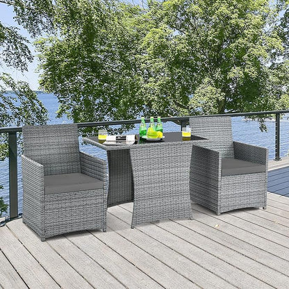 DORTALA Wicker Outdoor Bistro Set 3 Piece, Patio Furniture Set for Small Space with Table & Dining Chairs, Rattan Conversation Sofa Set for Balcony, Porch, Backyard, Deck, Grey