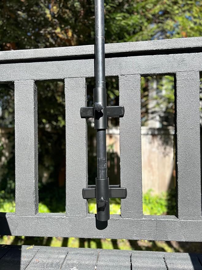 | Patio Umbrella Holder | 2 Piece Split Design | Outdoor Umbrella Base and Mount | Attaches to Railing Maximizing Patio Space and Shade
