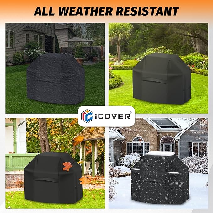 iCOVER Grill Cover 58 inch, BBQ Grill Cover for Outdoor Grill, 600D Heavy-Duty Waterproof Gas Grill Cover, Barbecue Cover for Weber, Charbroil, Brinkmann, Nexgrill and More, Black