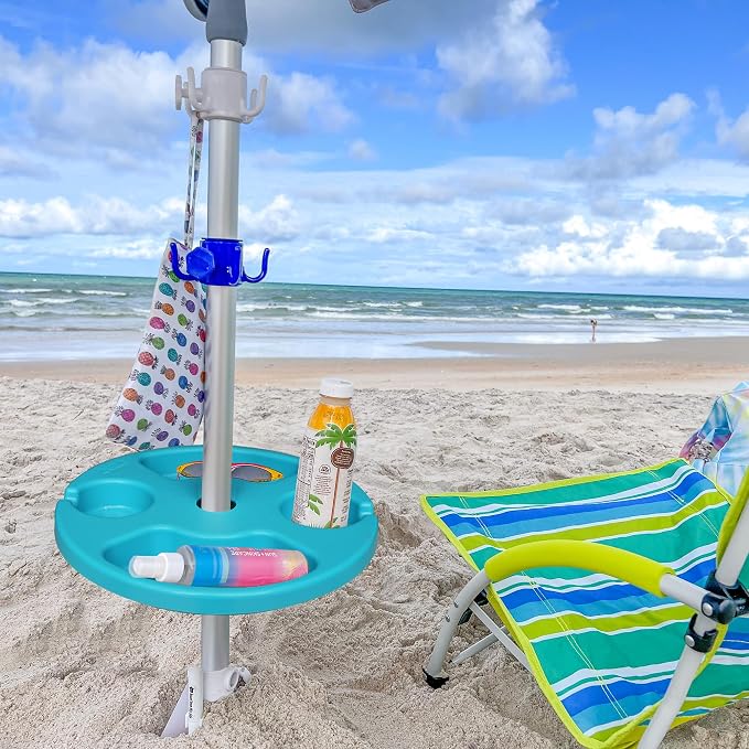 AMMSUN 13" Beach Umbrella Table Tray for Beach, Patio, Garden, Swimming Pool with Cup Holders, Snack Compartments Teal