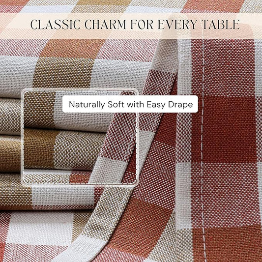 Gingham Check Tablecloth, 52x70 Inches, Reusable Farmhouse Dining Table Cover, 100% Cotton, Washable Table Linen for Thanksgiving, Fall Gatherings, Rust Tan and Natural Plaid