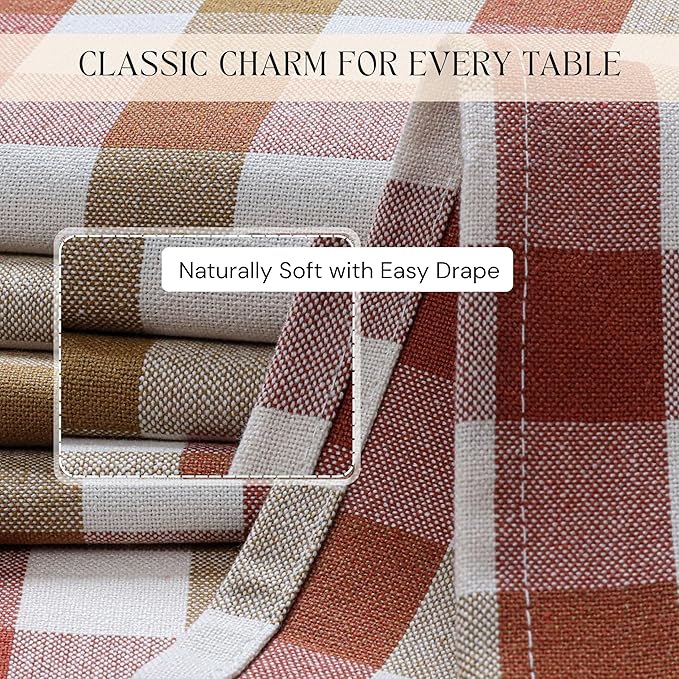 Gingham Check Tablecloth, 60x84 Inches, Reusable Farmhouse Dining Table Cover, 100% Cotton, Washable Table Linen for Thanksgiving, Fall Gatherings, Rust Tan and Natural Plaid