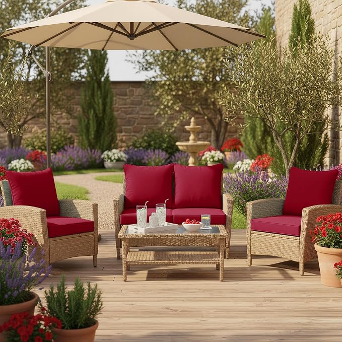 Summsun Outdoor Chair Cushions Set of 4, 22 x 22 Inch, Red | Double-Sided Water Resistant, Removable Cover, Back Pillow & Seat Cushion, Tie Straps, Fit for Patio, Garden, Sofa Couch