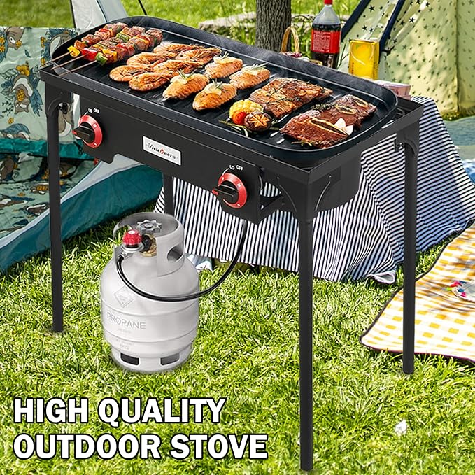 VIVICREATE Propane Grill 2 Burner Outdoor Propane Stove Portable Gas Grill High Pressure Camping Stove Double Burner Cooker for Camping Backyard BBQ Outdoor Cooking