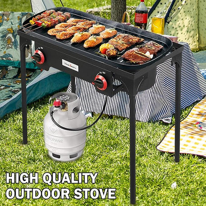 VIVICREATE Propane Grill 2 Burner Outdoor Propane Stove Portable Gas Grill High Pressure Camping Stove Double Burner Cooker for Camping Backyard BBQ Outdoor Cooking